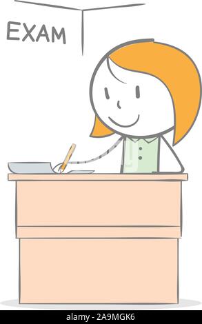 Doodle stick Abbildung: ein Mädchen sitzen am Schreibtisch tun eine Untersuchung Stock Vektor