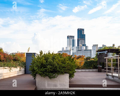 SEOUL, Südkorea - NOVEMBER 3, 2019: Terrasse im National Museum von Korea in Seoul im Herbst. Koreanisches Nationalmuseum ist das wichtigste Museum der koreanischen Geschichte Stockfoto