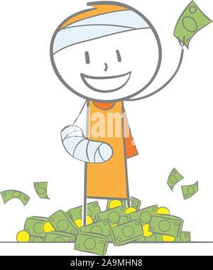 Doodle stick Abbildung: Startseite versicherung Konzept. Business Mann in Gips sieht glücklich mit stack Geld Stock Vektor