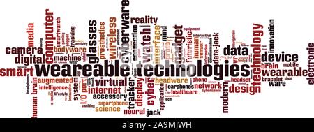 Wearable Technologies Wort Cloud-Konzept. Collage aus Worten über tragbare Technologien. Vektorgrafik Stock Vektor
