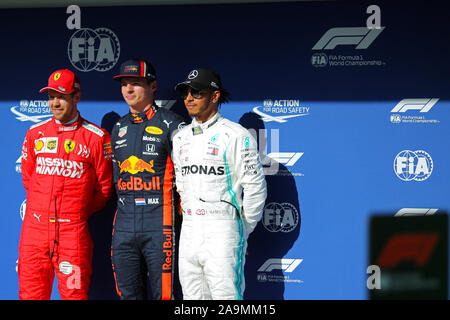 Sao Paulo, Brasilien. 16. Nov 2019. Sao Paulo, Brasilien. 16. Nov 2019. 16. November 2019; Autodromo Jose Carlos Pace, Sao Paulo, Brasilien; Formel 1 Brasilien Grand Prix, qualifizierender Tag; den zweiten Platz Sebastian Vettel (GER) Scuderia Ferrari SF 90, pole position Max Verstappen (NED) Red Bull Racing RB 15 und der dritte Platz Lewis Hamilton (GBR) Mercedes AMG W 1 W 10-redaktionelle Verwendung Credit: Aktion Plus Sport Bilder/Alamy Live News Credit: Aktion Plus Sport Bilder/Alamy leben Nachrichten Stockfoto