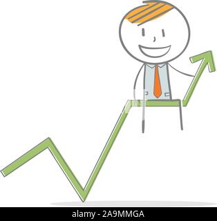 Doodle Strichmännchen: Geschäftsmann auf erfolgreiche Pfeil chart, lächelnd. Stock Vektor