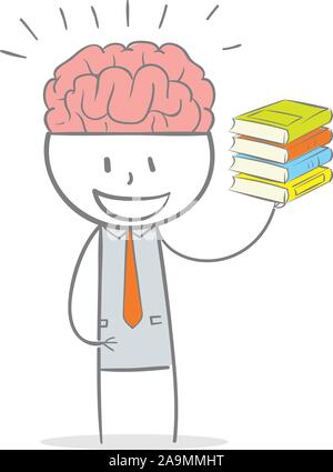Doodle Strichmännchen Unternehmen: ein Mann mit einem großen Gehirn hält ein Buch in der Hand. Stock Vektor