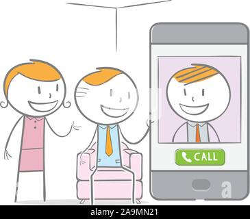 Doodle Strichmännchen: Mann und Frau in einem Video Chat mit Kollegen Stock Vektor