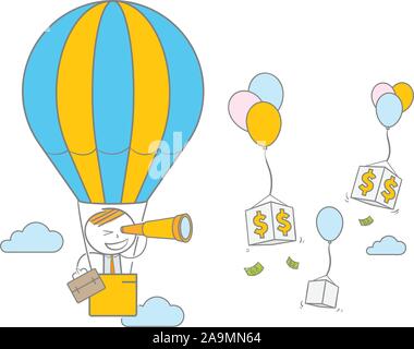 Doodle Strichmännchen auf Luft Ballon suchen Dollarzeichen durch ein Fernglas Stock Vektor