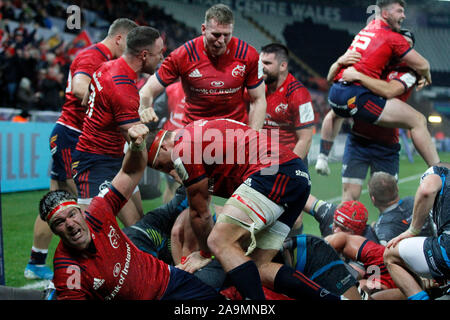 Swansea, Großbritannien. 16 Nov, 2019. Munster Spieler feiern wie James Cronin von Munster (versteckte) Kerben ihre Mannschaften letzte Versuch in den letzten Minuten des Spiels. Heineken Champions Cup match, pool 4, Fischadler v Munster Rugby an der Liberty Stadium in Swansea, Südwales am Samstag, den 16. November 2019. pic von Andrew Obstgarten, Credit: Andrew Orchard sport Fotografie/Alamy leben Nachrichten Stockfoto