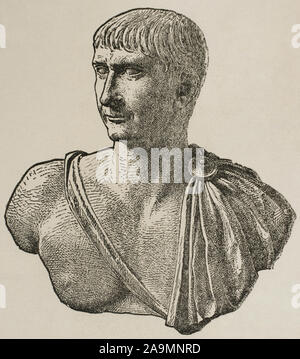 Trajan (53-117). Römischer Kaiser (98-117). Gravur. Museo Militar, 1883. Stockfoto