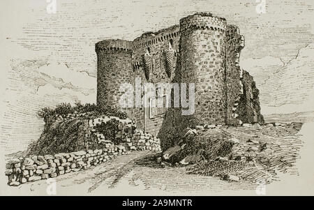 Spanien, Provinz León, Astorga. Die Ruinen der alten Burg, die im Jahr 1872 abgerissen. Gravur. Stockfoto