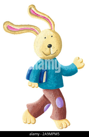 Acryl Abbildung: eine niedliche Kaninchen trägt ein Buch unter den Arm und geht in die Schule Stockfoto