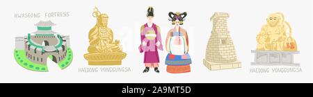 Eingestellt von Doodle Vector Illustration - Sehenswürdigkeiten von Südkorea reisen Sammlung Stock Vektor