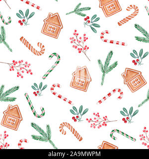 Nahtlose patern Weihnachten Illustration, Hand gezeichnet Aquarell. Beeren, lollilop, Mistel, Lebkuchen auf weißem Hintergrund. Design für Hintergründe, Stockfoto