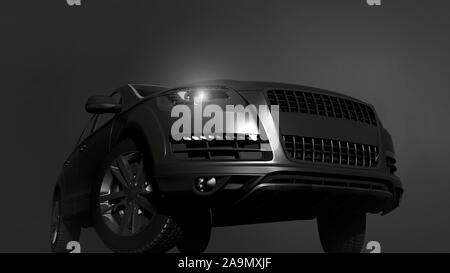 Silber SUV Auto auf dunklem Hintergrund. 3D-Darstellung. Stockfoto
