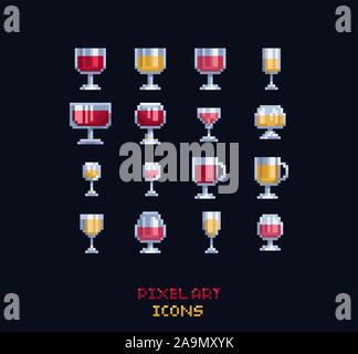 Pixel Art Vektor Illustration - rot, weiß, Rose, Apfelwein, Glühweingläser. Pixel Art Design Rebe Symbole auf dunklem Hintergrund Stock Vektor