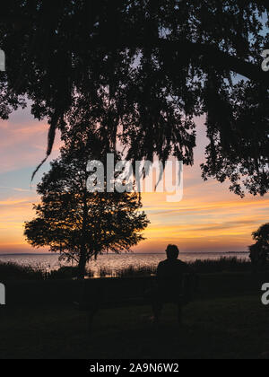 Eine Silhouette peron auf einer Bank beobachtet den Sonnenuntergang über dem See Apopka in Florida. Stockfoto