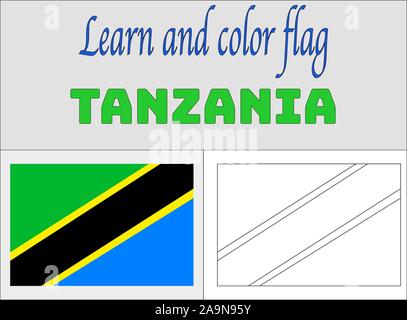 Tansania Flagge Malbuch Seiten für Lernen und Bildung. die ursprünglichen Farben, Anteil. Vector Illustration, Länder gesetzt. Stock Vektor