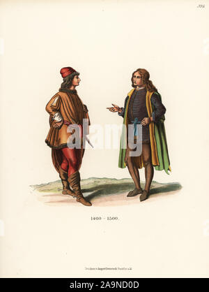 Die italienischen Männer Mode aus dem späten 15. Jahrhundert. Edelmann in Pelzgefütterten Tunika über Schlauch und Stiefel, links, von der Hl. Barbara von Matteo di Giovanni in der Basilika San Domenico, Siena. Edelmann in Kapstadt, Tunika und Schlauch von einem Fresko in der Kirche der Heiligen Katharina, Uffizi. Von Hefner-Alteneck Chromolithograph's Kostüme, Kunstwerke und Geräte vom Mittelalter bis in das 17. Jahrhundert, Frankfurt, 1889. Dr. Hefner-Alteneck (1811 - 1903) war eine Deutsche, die die Kuratorin des Museums, Archäologe, Kunsthistoriker, Zeichner und Kupferstecher. Stockfoto