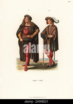 Der deutschen Adligen Kostüme aus dem späten 15. Jahrhundert. Edelmann von einem Fresko in der Basilika in Siena. Aristocrat B von einem Gemälde in Frankfurt am Staatlichen Institut. Von Hefner-Alteneck Chromolithograph's Kostüme, Kunstwerke und Geräte vom Mittelalter bis in das 17. Jahrhundert, Frankfurt, 1889. Dr. Hefner-Alteneck (1811 - 1903) war eine Deutsche, die die Kuratorin des Museums, Archäologe, Kunsthistoriker, Zeichner und Kupferstecher. Stockfoto