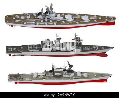 Eingestellt von Kriegsschiffen isoliert auf Weiss. 3D-Rendering Stockfoto