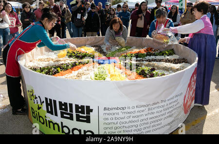 Houston, USA. 16 Nov, 2019. Die Menschen bereiten traditionelle koreanische Essen Bibimbap während des koreanischen Festival in Carrollton, einem Vorort von Dallas, Texas, in den Vereinigten Staaten am 16. November, 2019. Credit: Dan Tian/Xinhua/Alamy leben Nachrichten Stockfoto