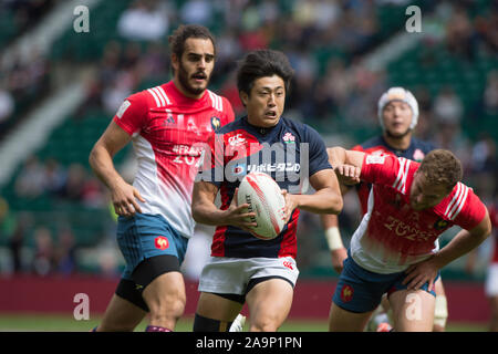 Twickenham, Surrey, Vereinigtes Königreich. Japans Kosuke HASHIO, während der Trophy Viertelfinale. Frankreich vs Japan in der '2017 HSBC London Rugby Sevens", Sonntag, 21.05.2017, RFU. Twickenham Stadium, England [Pflichtfeld Credit Peter SPURRIER/Intersport Bilder] Stockfoto