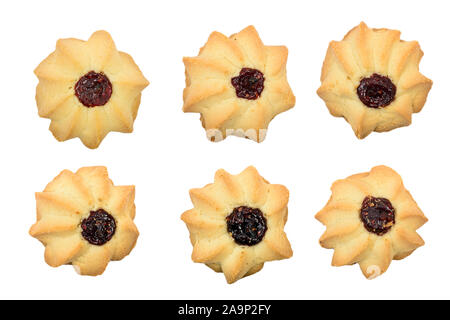 Satz von verschiedenen Form hausgemachte Kekse mit Marmelade auf weißem Hintergrund Stockfoto
