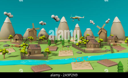 Isometrische Low-poly-Dorf, 3D-Rendering, Bauernhof Landschaft. Haus im Wald. Stockfoto