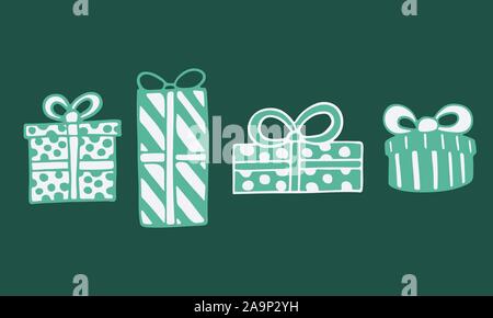 Vektor Hand gezeichnet doodle Abbildung: Weihnachten Geschenk Boxen. Neues Jahr und Weihnachten präsentiert in gepunktete und gestreifte Geschenkpapier mit Schleife. De Stock Vektor