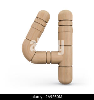 Nummer 4. Digital signieren. Holz- futuristischen Font. Geschnitzte Alphabet 3D-Rendering Stockfoto