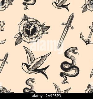 Vintage nahtlose Muster mit Schlangen, Schwalben, Messer, Rosen. Vector Illustration Stock Vektor