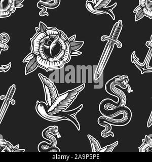 Vintage nahtlose Muster mit Schlangen, Schwalben, Messer, Rosen. Vector Illustration Stock Vektor