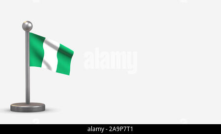 Niger 3D wehende Flagge Abbildung auf einem winzigen Metall Fahnenmast. Auf weißem Hintergrund mit Platz auf der rechten Seite isoliert. Stockfoto