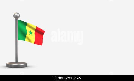 Senegal 3 D wehende Flagge Abbildung auf einem winzigen Metall Fahnenmast. Auf weißem Hintergrund mit Platz auf der rechten Seite isoliert. Stockfoto