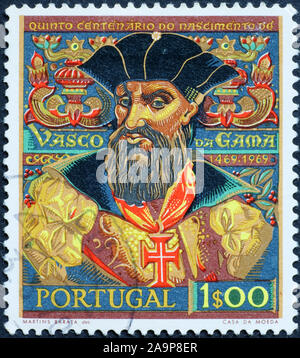 Portrait von Vasco da Gama auf Portugiesisch Briefmarke Stockfoto