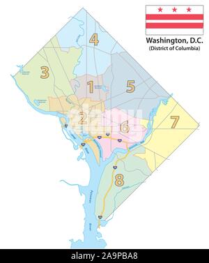 Karte der acht Bezirke von Washington DC mit Fahne Stock Vektor