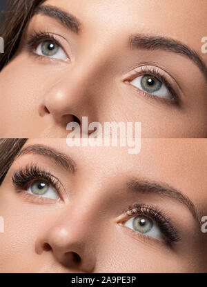 Vergleich der weiblichen Augen vor und nach Eyelash Extension Stockfoto