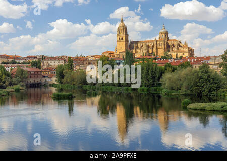 Die spätgotische und barocke Catedral Nueva, oder Neue Kathedrale, über den Fluss Tormes, Provinz Salamanca, Salamanca, Kastilien und Leon, Spanien gesehen. Th Stockfoto