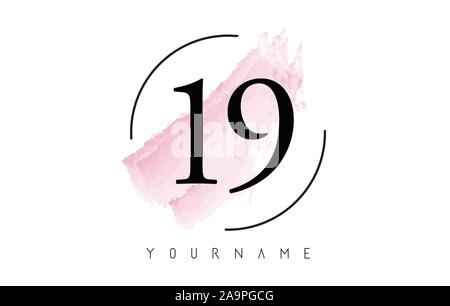 Nummer 19 Aquarell Schlaganfall Logo mit runder Form und Pastell rosa Pinsel Vektor Design Stock Vektor