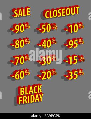 Vektor rabatt Logo. Verkauf schwarzer Freitag 3D-Symbole. Stock Vektor