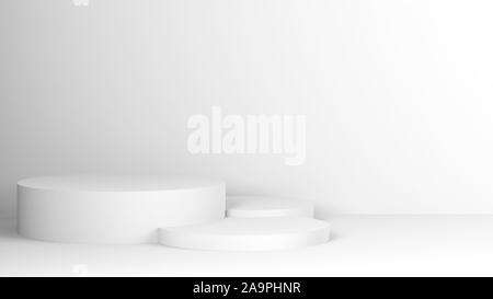 Weiß zylindrische podium Installation steht in einem leeren abstrakte innere, minimalem Design Template, 3D-Rendering illustration Stockfoto