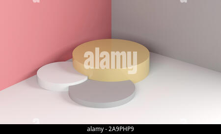 Zylindrische Podium steht in einem leeren abstrakte innere, minimale Installation, 3D-Rendering illustration Stockfoto