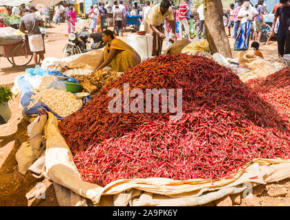 Frau verkaufen chili peppers am Sonntag Markt in Tiruchirappalli, Tamil Nadu, Indien Stockfoto