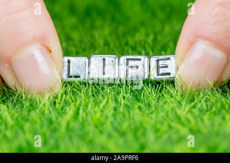 Nahaufnahme auf Wort leben in Metall Buchstaben auf Gras gelegt geschrieben und zwischen die Finger einer Frau. Konzept von Wellness Hintergrund Stockfoto