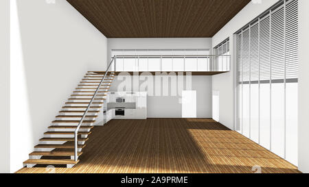 3D-Illustration Penthouse mit Küche Wohnzimmer Stockfoto