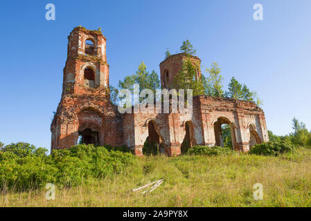 Alte Kirche der Ikone der Muttergottes von Kasan an einem sonnigen Tag im August aufgegeben. Ruskie Noviki. Novgorod, Russland Stockfoto