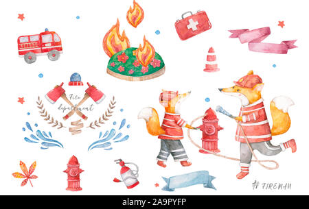 Aquarell niedlichen Cartoon kleine zwei Füchse löschen ein Feuer auf Bäume mit Wasser Baby bunte Kinderzimmer Clip Art isoliert Hintergrund Feuerwehrmann Tiere Set Stockfoto