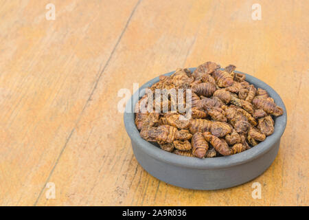 Gerichte der Essbare Insekten. Silkworm Puppen/Bombyx mori auf Faux Holz Hintergrund. Konzept entomophagy, essbare käfer, insekt Superfoods, insekt Snacks. Stockfoto