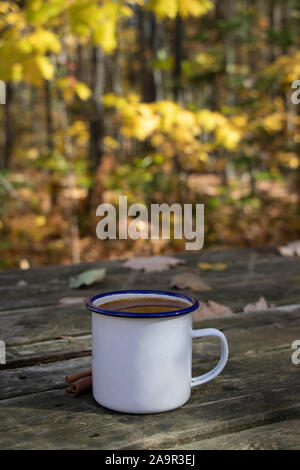 Hot Apple Cider Saft mit Zimtstangen auf einem Picknicktisch in einem weißen Emaille Tasse im Herbst Stockfoto