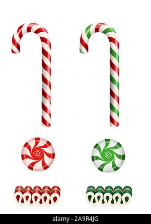 Set isoliert Weihnachten Süßigkeiten mit Zuckerstangen, Bonbons und Starlight Pfefferminz Bonbons Stock Vektor