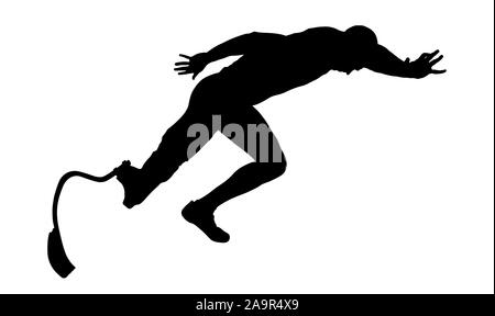 Athlet Runner mit prothetischen beginnen zu laufen schwarze Silhouette deaktiviert Stockfoto