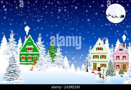 Häuser, Dorf, Wald, Bäume. Winter Landschaft. Heiligabend in der Nacht. Schneeflocken in den Nachthimmel. Weihnachtsmann auf dem Schlitten vor dem Hintergrund der Stock Vektor